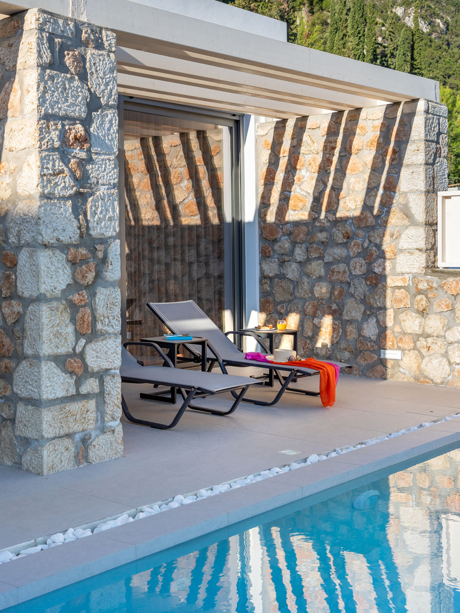 z luxury villa bita lefkada swiming pool shadows sun beach chairs