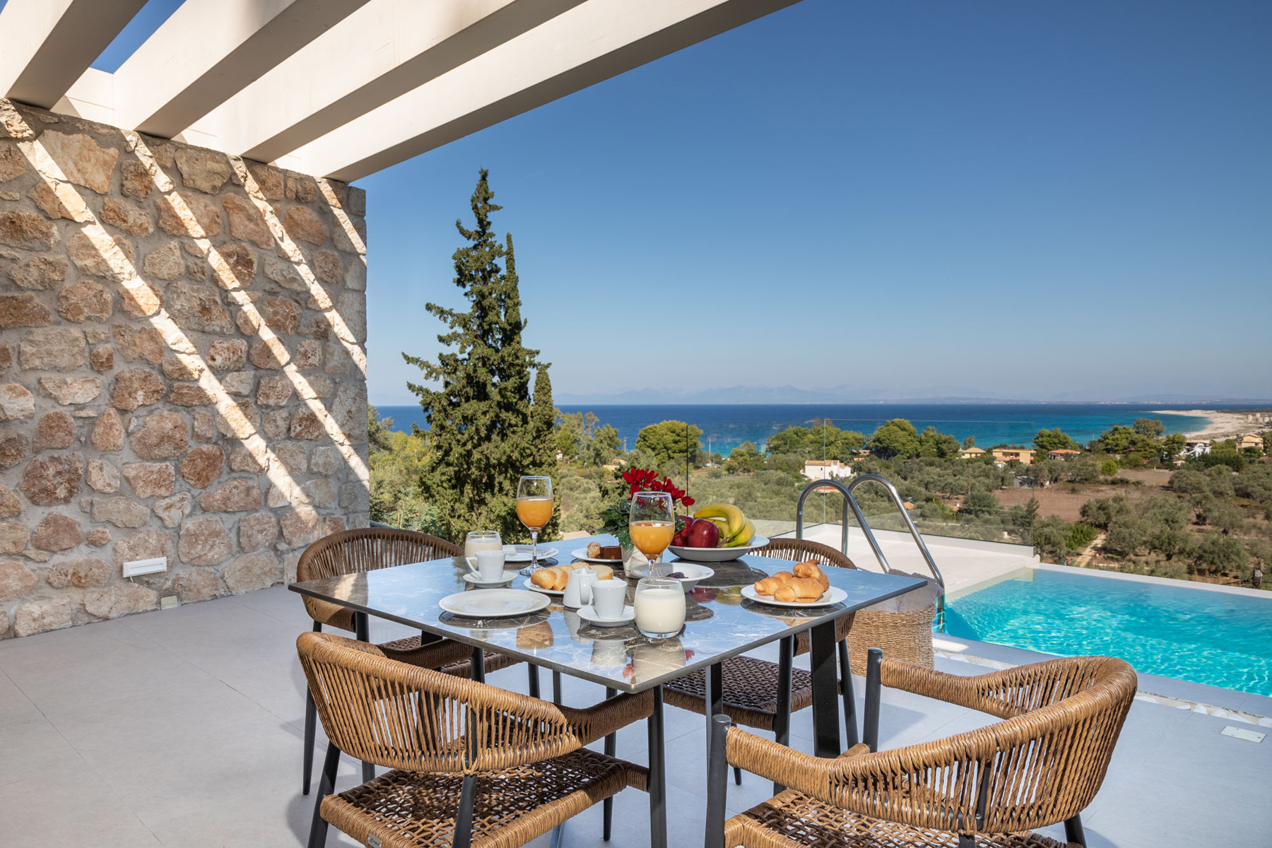 z luxury villa lefkada greece table chairs breakfast swimming pool sea view trees